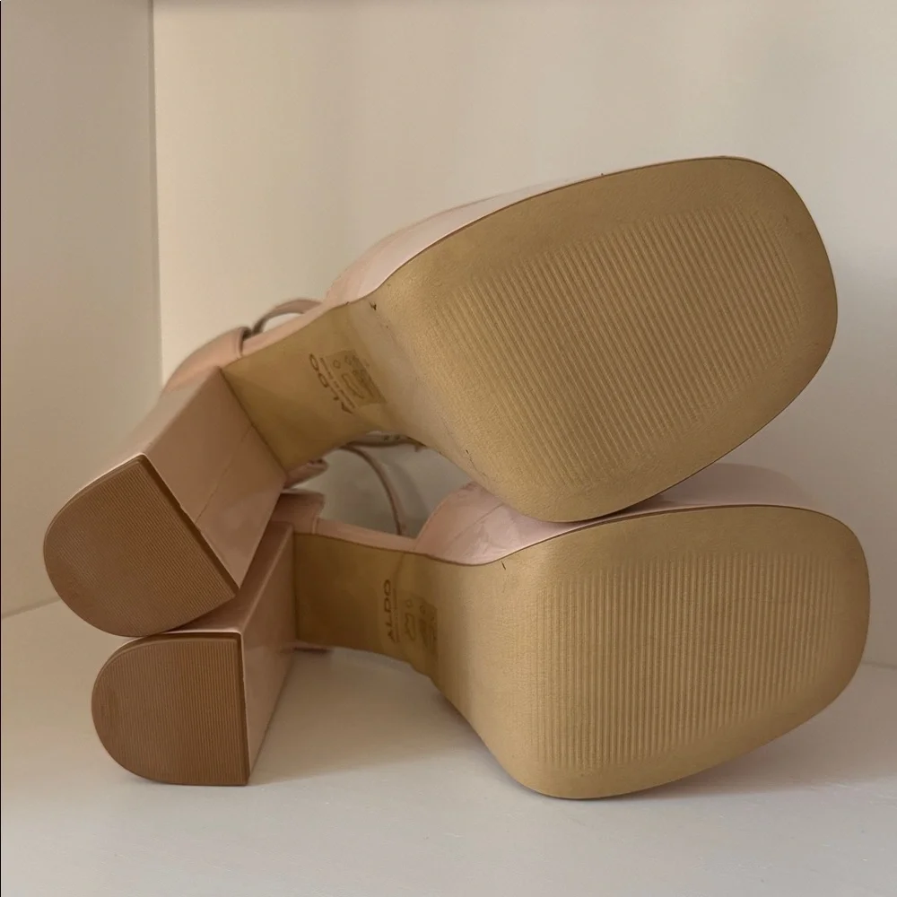 Aldo Nude Patent Platform Block Heel Pumps with Ankle Strap